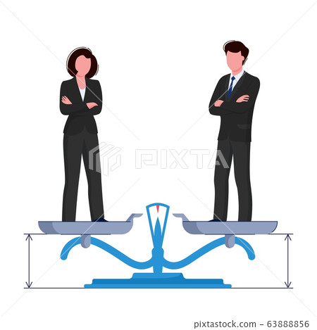 Gender equality concept. Woman and man are standing on the scales to balance. Vector 63888856