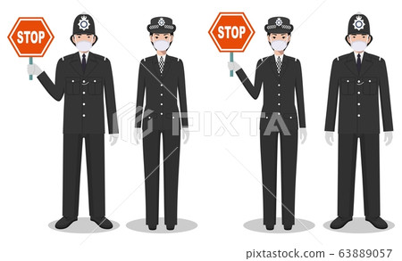 Police and quarantine concept. Couple of british policeman and policewoman in traditional uniforms and protective masks standing together on white background in flat style. Vector illustration. 63889057