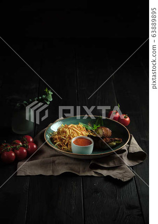 Meatloaf with potatoes straws . catering menu Meatloaf with potatoes straws . catering menu 63889895