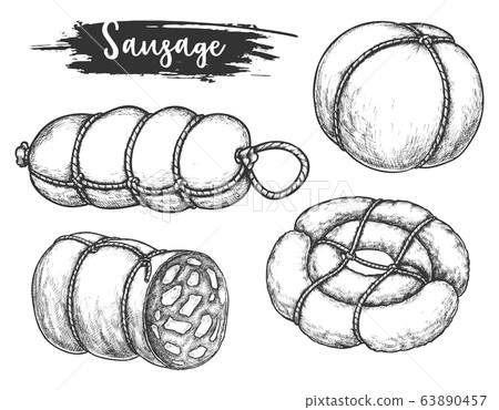 Set of isolated sausage and meat roulade Set of isolated sausage and meat roulade 63890457