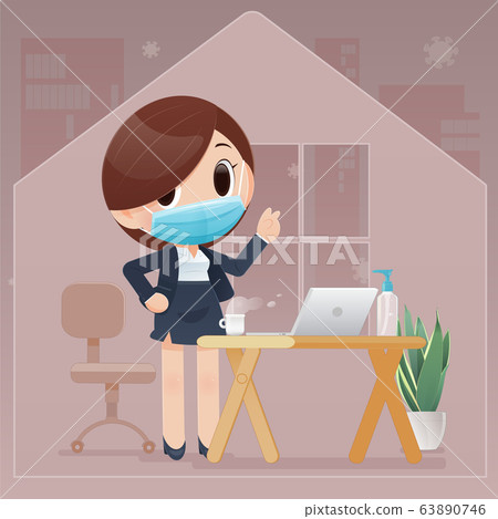 woman wearing health mask in preparation for work from home woman wearing health mask in preparation for work from home 63890746