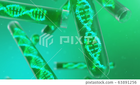 DNA molecule, its structure. Concept human genome. DNA molecule with modified genes. Conceptual illustration of a dna molecule inside a glass test tube with liquid. Medical equipment, 3D illustration 63891256