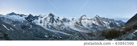 Panorama of a mountain ridge with Ober Gabelhorn and Dent Blanche peaks of Swiss Alps Panorama of a mountain ridge with Ober Gabelhorn and Dent Blanche peaks of Swiss Alps 63891500
