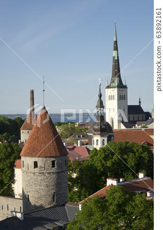 Tallinn, Estonia, street of the old city with bright houses and spike of St Olaf (Oleviste) Church 63892161