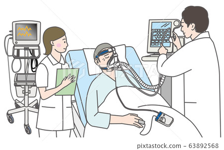 Illustration of a man with a ventilator at the hospital 63892568
