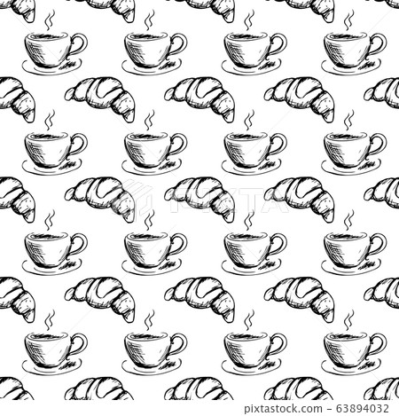 seamless pattern hand drawn cup of coffee and - Stock Illustration ...