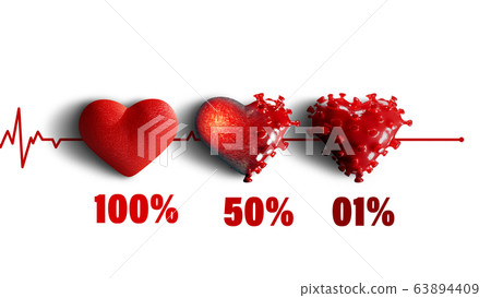 3D render - The course of heart disease after coronavirus infection. Covid-19 attacks the heart muscle causing its inflammation. This can lead to a heart attack. Copy space for text, white isolated ba 3D render - The course of heart disease after coronavirus infection. Covid-19 attacks the heart muscle causing its inflammation. This can lead to a heart attack. Copy space for text, white isolated ba 63894409