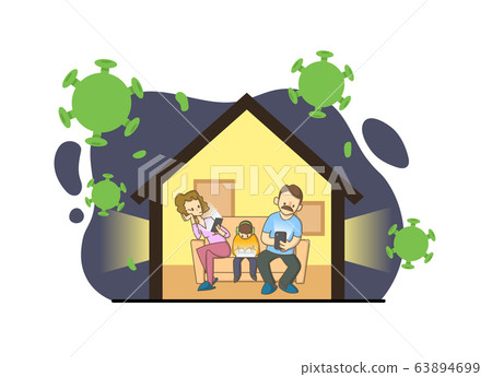 Family sitting on a couch with their gudgets in home surrounded by viruses. Stay home during the coronavirus. Coronavirus outbreak, quarantine concept. Flat vector illustration, isolated. 63894699