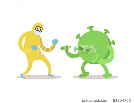 Doctor in protecting costume fighting with big green virus monster. Fight covid-19 coronavirus, coronavirus outbreak concept. Flat vector illustration, isolated on white background. Doctor in protecting costume fighting with big green virus monster. Fight covid-19 coronavirus, coronavirus outbreak concept. Flat vector illustration, isolated on white background. 63894700
