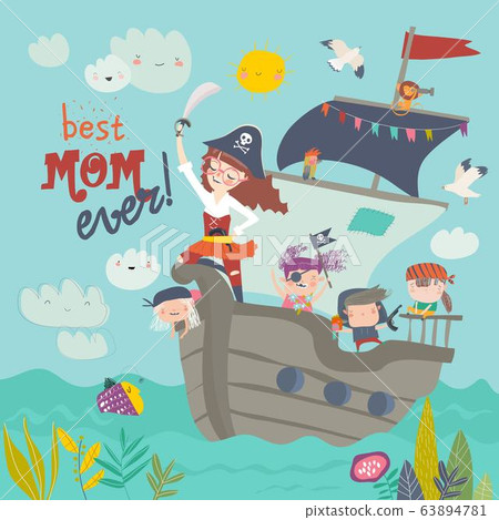 Cute mother pirate sailing with her kids in ship 63894781