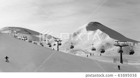 Panorama of snowy ski track prepared by snowcat, Panorama of snowy ski track prepared by snowcat, 63895038