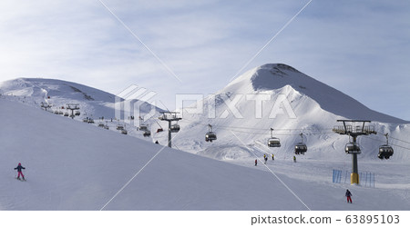 Panorama of snowy ski track prepared by snowcat, Panorama of snowy ski track prepared by snowcat, 63895103