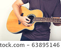 man playing guitar acoustic wearing t-shirt close up shot on white background 63895146