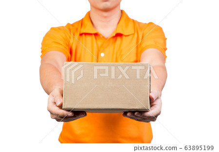young delivery man holding box cardboard give the package isolated on white background young delivery man holding box cardboard give the package isolated on white background 63895199