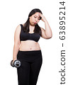 fat woman over training headache feeling sick exercise weight loss concept hand holding dumbbell 63895214