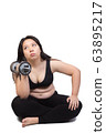 lazy fat woman bored face tired exhausted to exercise hand lift dumbbell weight loss concept 63895217