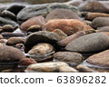 large river stones in water close-up. Beautiful closeup for decoration design. Landscape background. Zen stones balance. Travel wild nature. Beautiful scenic view. Background, texture. 63896282