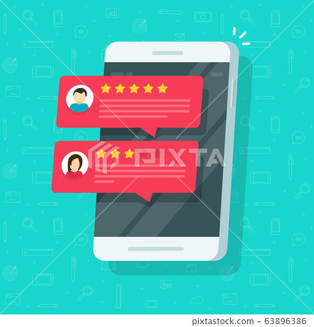 Reviews rating or reputation notices online on mobile phone or smartphone with testimonials feedback vector flat illustration, concept of customer experience on cellular cellphone modern design image 63896386