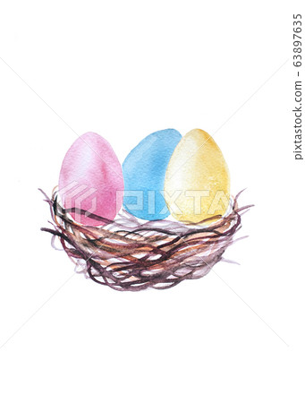 Colorful painted eggs in wooden nest isolated. 63897635