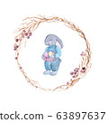 Watercolor Easter bunny with eggs and flowers. 63897637