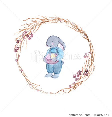 Watercolor Easter bunny with eggs and flowers. Watercolor Easter bunny with eggs and flowers. 63897637