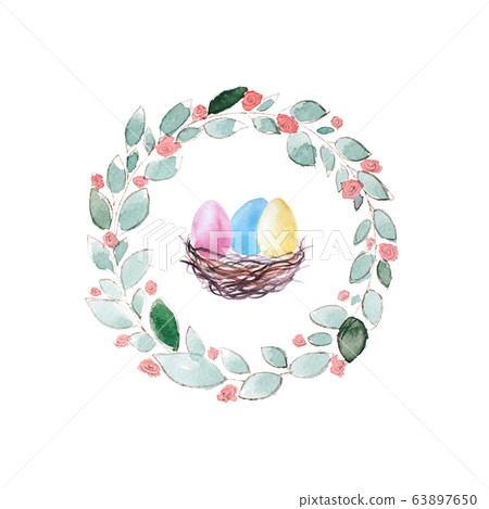 Colorful painted eggs in nest and spring wreath. Colorful painted eggs in nest and spring wreath. 63897650