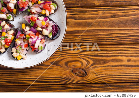 Traditional Peruvian food background with mussels Traditional Peruvian food background with mussels 63898459