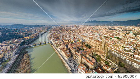 Aerial panorama of Florence at sunrise, Firenze, Tuscany, Italy, cathedral, river, drone pint view, mountains is on background 63900007