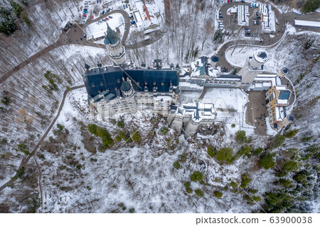 Aerial panorama of royal castle Neuschwanstein in Bavaria, Germany (Deutschland). The famous Bavarian place sign at winter day Aerial panorama of royal castle Neuschwanstein in Bavaria, Germany (Deutschland). The famous Bavarian place sign at winter day 63900038