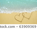 Two hearts drawn on the sand beach representing 63909369