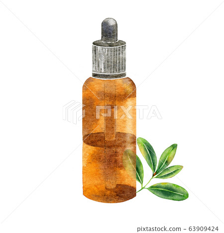 Watercolor glass bottle with tea ta essential oil. 63909424