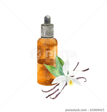 Watercolor bottle with vanilla essential oil. Watercolor bottle with vanilla essential oil. 63909425