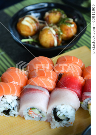 Sushi set on a table 63911909
