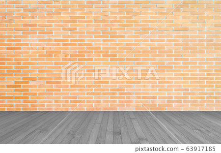 Orange-brown brick wall with wood floor in grey background of interior decoration 63917185