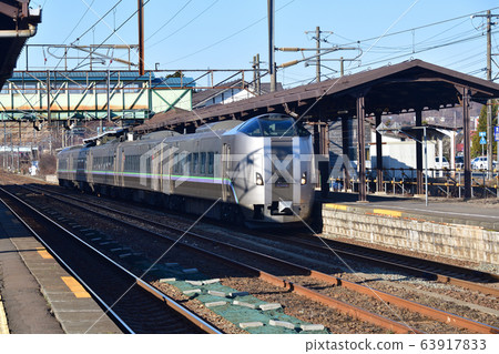 Shooting the scenery of a limited express lily of the valley arriving at JR Noboribetsu Station in Noboribetsu, Hokkaido in early spring Shooting the scenery of a limited express lily of the valley arriving at JR Noboribetsu Station in Noboribetsu, Hokkaido in early spring 63917833