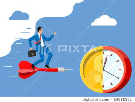 Businessman aim dart to gold coin clocks target. 63918592