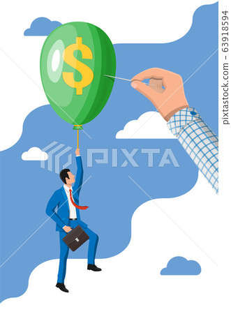 Businessman flying balloon and hand with needle Businessman flying balloon and hand with needle 63918594