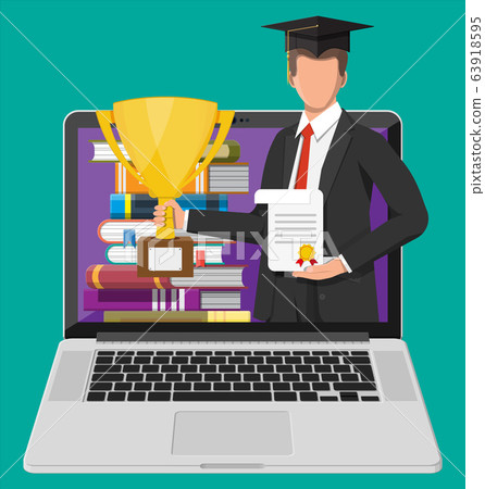 Notebook, student, stack of book. Online education Notebook, student, stack of book. Online education 63918595