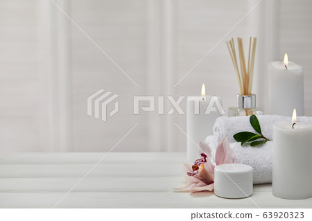 Spa treatments on white wooden table 63920323
