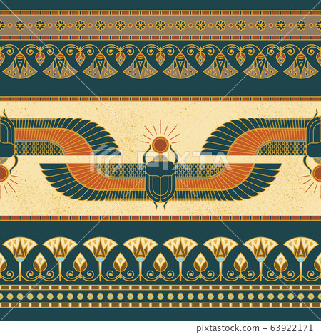 Symbols of ancient Egypt with an illustration of a woman with wings, lotus, horizontal seamless 63922171