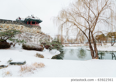 Korean traditional architecture Hwaseong Fortress Banghwasuryujeong at winter in Suwon, Korea Korean traditional architecture Hwaseong Fortress Banghwasuryujeong at winter in Suwon, Korea 63922561