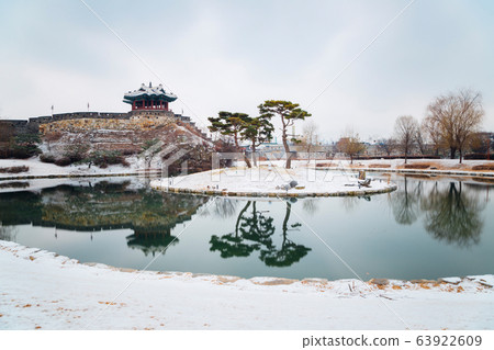 Korean traditional architecture Hwaseong Fortress Banghwasuryujeong at winter in Suwon, Korea Korean traditional architecture Hwaseong Fortress Banghwasuryujeong at winter in Suwon, Korea 63922609