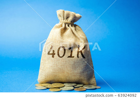 Money bag with coins 401k. Private pension plan. Tax-qualified. Business and finance concept. Retirement Plan. Savings, save Money bag with coins 401k. Private pension plan. Tax-qualified. Business and finance concept. Retirement Plan. Savings, save 63924092