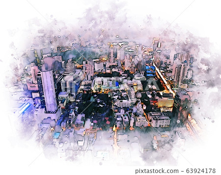 Abstract colorful offices building in the city at night on watercolor illustration painting background. 63924178