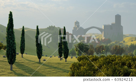 Lavender fields landscape at sunset 3d rendering Lavender fields landscape at sunset 3d rendering 63924213