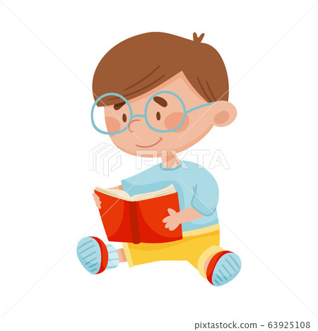 Cute Boy Sitting on the Floor with Open Book and Reading Vector Illustration 63925108