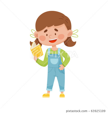 Smiling Girl Standing with Open Book and Reading Vector Illustration 63925109
