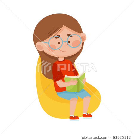 Cute Girl Sitting on Armchair with Open Book and Reading Vector Illustration Cute Girl Sitting on Armchair with Open Book and Reading Vector Illustration 63925112