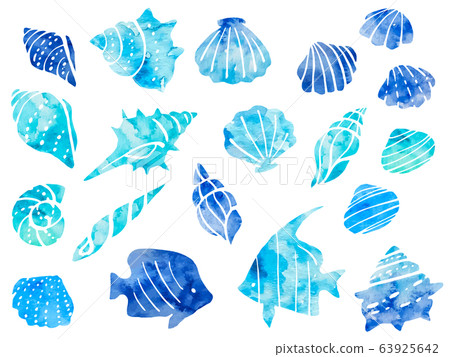 Sea watercolor style illustration set (shell, conch, tropical fish) 63925642