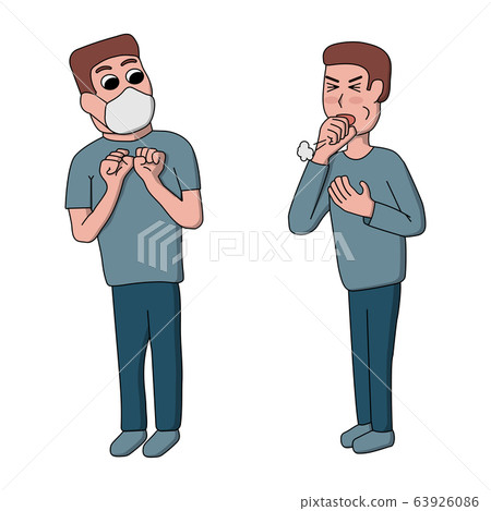 flu, coronavirus. two male cartoon characters, a nurse, one coughs and the other in a medical mask. vector illustration flu, coronavirus. two male cartoon characters, a nurse, one coughs and the other in a medical mask. vector illustration 63926086